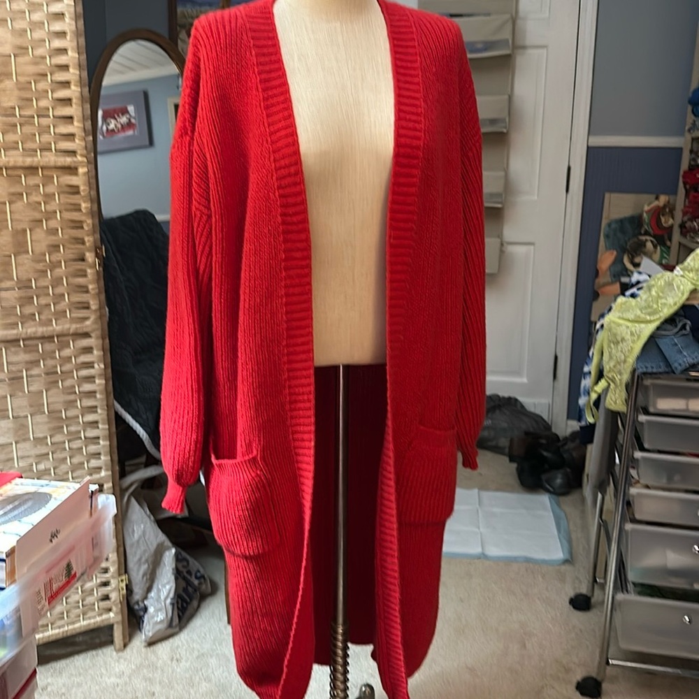 Long red cardigan